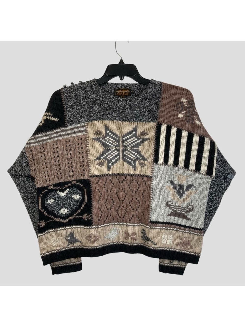 Vintage Eddie Bauer Patchwork Cable Crochet Knit Sweater Cozy Nordic Design Sz.L - Picture 2 of 12